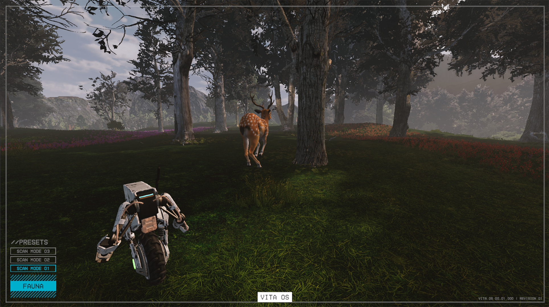 VITA player machine approaching a deer in a lush mountain meadow with restrained field telemetry